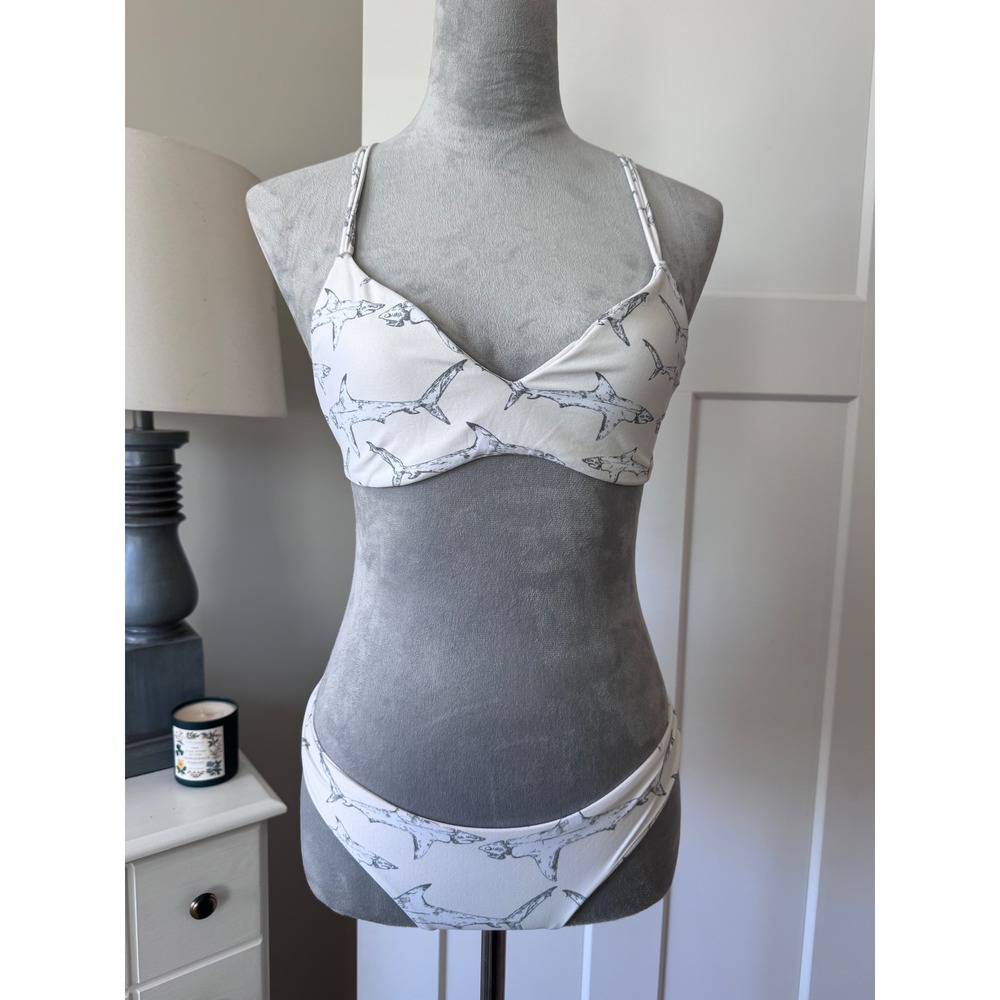 Boys + Arrows Shark Print Bikini Set 3 Piece White Grey Medium fish outta water